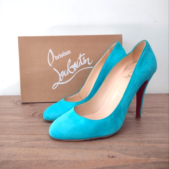 Christian Louboutin Riviera turquoise Ron Ron 100 suede red bottom heels 40/ 9 - Picture 4 of 12